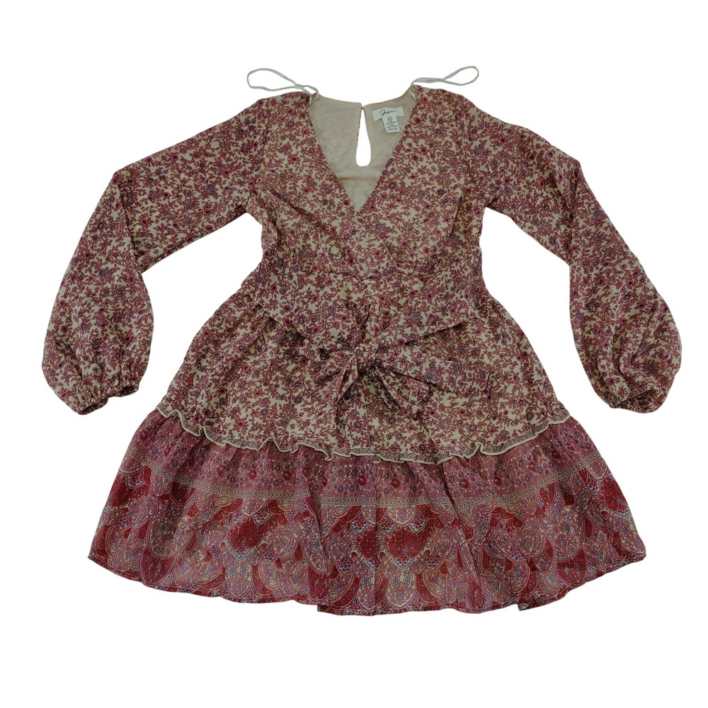 Japna Floral Print Long Sleeve‎ Mini Dress Tie Waist XS NWOT